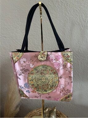 ALDO Vintage Pink Silk Brocade Small Tote Bag Asian Chinoiserie Shou Medallion